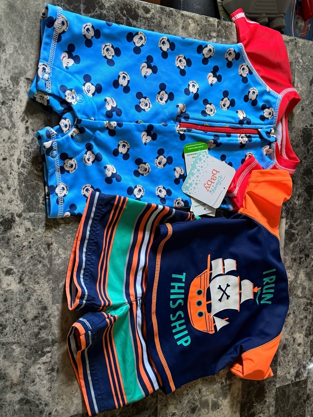 Mickey Blue Zip Front Baby Swimsuit & Nautical Ship Rash Guard Set | both new
